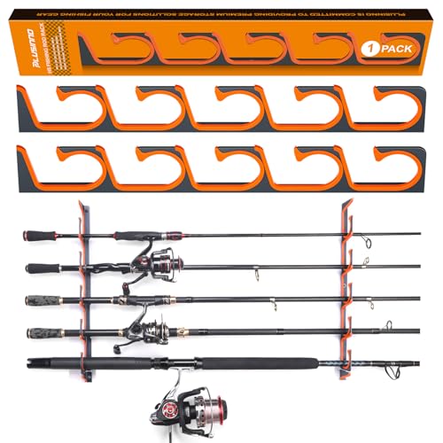 PLUSINNO H5 Horizontal Fishing Rod/Pole Holders for Garage, Wall Ceiling Mounted Fishing Rod Holder, Aviation Aluminum Fishing rod rack Holds up to 5/10/20 Rod or Combos Fishing Gear and Gifts for Men - color: Orange 1pack(store 5 fishing rods or combos)