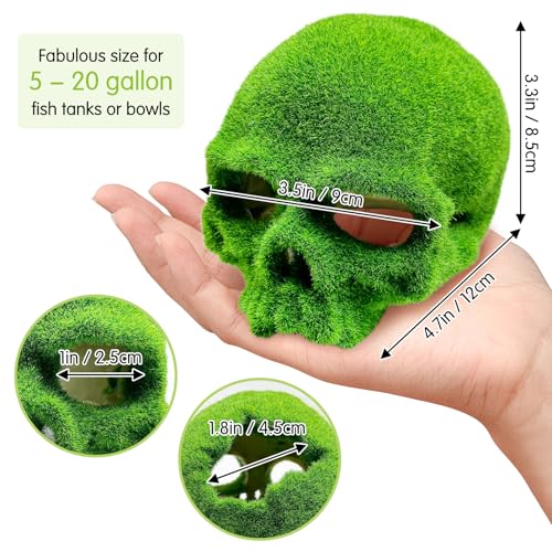 Tfwadmx Mossy Skull Aquarium Decor, Resin Fish Tank Decorations Shrimp Cave Aquarium Betta Fish Hiedout Reptile House for Small Fish