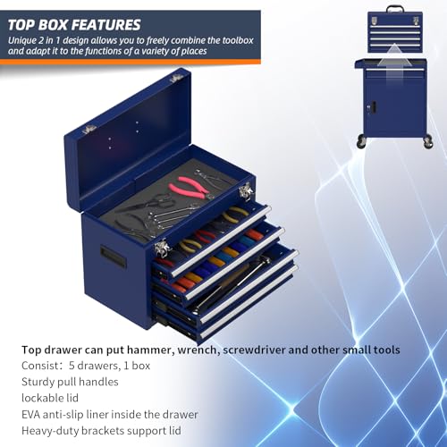 5-Drawer High Capacity Rolling Tool Box, Removable Cabinet Storage Tool Chest with Wheels and Drawers, Detachable Toolbox with Lock for Mechanics Garage Workshop and Tool Room (Blue) - color: Blue