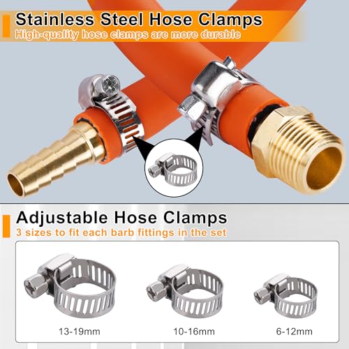48PCS Brass Hose Barb Fittings,Barb Splicer Mender 3/16" 1/4" 5/16" 3/8" 1/2" 5/8" and Male Thread Adapter 3/8" Barbed to 1/4" NPT, 1/4" Barbed to 1/4" NPT Male with 96Pcs Pipe Hose Clamps - size: 48pcs barb splicer & barb adapter