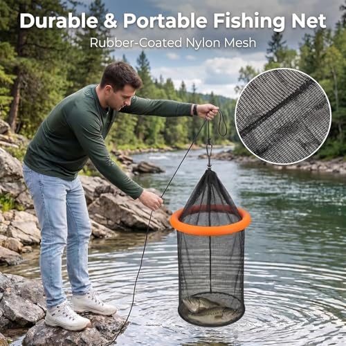 Floating Fish Basket for Live Caught, Foldable Fishing Holder Minnow Bucket Portable Collapsible Fishing Net Storage Cage for Live Fish Bait Live Well