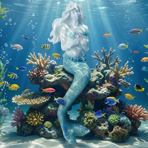 Unique Mermaid Aquarium Decorations - Resin Fish Tank Décor Thematic Ornaments, Waterproof & Non-Toxic Mermaid Statue for Enchanting Aquarium Display, Item (Blue)