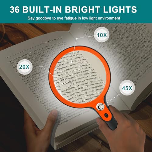 Large Magnifying Glass with 36 LED Light and Case, 10X 20X 45X Handheld Illuminated Lighted Magnifier with 1 UV Light for Seniors Reading, Inspection, Coins, Exploring Close Work - style: Magnifier with 36 LED Light and Case