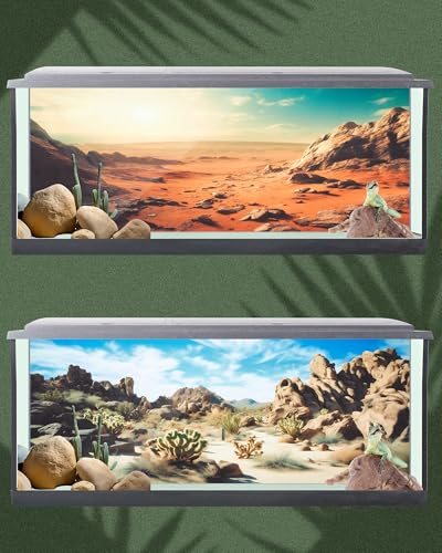 Breling 4 Pcs 71 x 18 Inch Reptile Habitat Background with Nano Glue Gobi Sun Cactus Stone and Green Tree Fern Stream Terrarium Background Polyester Durable Aquarium Accessories - color: Style1, size: 71 x 18 Inch