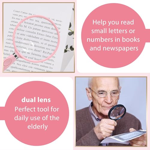 Feosky Handheld Reading Magnifier, 10X Magnifier, 90mm Shatterproof Lens, Non-Slip Handle for Adults Close Work, Seniors Reading and Nature Exploration, Hobby Observation(Pink) - color: Pink, size: 90mm