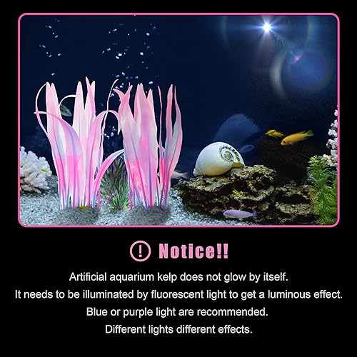 Kaiyuan Dynasty 2pc Aquarium Decor Plastic Plants Fish Tank Artificial Plants Glowing Aquarium Kelp Move with Water Flows Soft Silicone Aquatic Seaweed,7inch,Pink - color: Pink