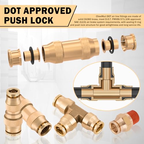 CheeMuii 136 PCS Brass DOT Air Line Fittings Kit Push Lock DOT Air Fittings Push to Connect Fittings 1/8" 1/4" 3/8" 1/2" Quick Connect Air Hose Fittings Assortment for Air Line Air Hose - size: 136PCS