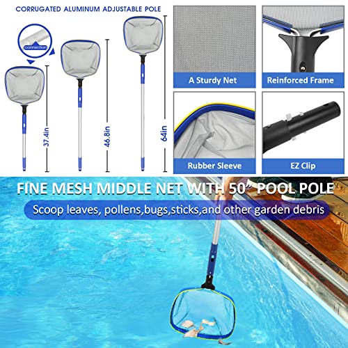 Poolvio Swimming Pool Cleaning Kit, 14'' Brush Head & 50'' Telescopic Aluminum Pole with Fine Mesh Skimmer Net - Perfect for Above Ground Pools, Spas, Hot Tub Fountains Blue (PK0140)