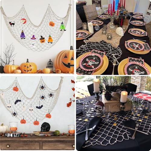 80x40 Inch Fishing Net Decor, 3mm Beige Natural Cotton Large Decorative Fish Netting Table Runner, Wall Ceiling Halloween Party Decorations for Pirate Under The Sea Nautical Mermaid Themed Party - color: Beige, size: Large - 1 Pack
