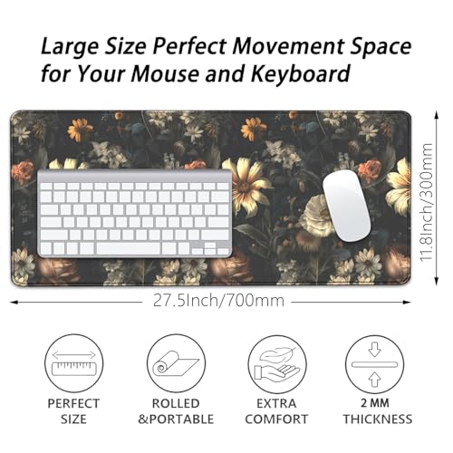 Black Background Flowers Desk Pad Mouse Pad,Large Floral Mouse Mat with Stitched Edges,Non-Slip Rubber Base Elegant Mousepad for Office PC Keyboard Laptop and Home Work Desk Mat(27.5X11.8 in) - color: Retro Floral