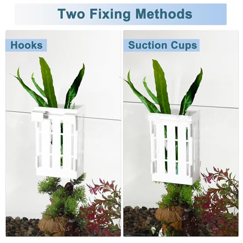 Aquarium Plant Holder, Fish Tank Plant Holder, Aquarium Plant Holder with Hooks and Suction Cups, Aquarium Plant Pots for Hanging Plants, White, 2set