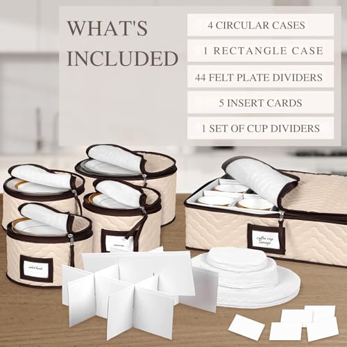 China Storage Containers 5-Piece Set Moving Boxes for Dinnerware, Glasses, Plates, Mugs and Saucers Sturdy Quilted Microfiber Dish Organizer with Dividers for Seasonal Storage - Holds Set of 12 - color: Beige