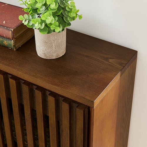 LKTART Narrow Buffet Cabinet Sideboard with Storage, Mid Century Modern Small Accent Credenza Cabinet with Doors & Shelves, Wood Coffee Bar TV Media Console Table for Kitchen,Entryway-Walnu - color: B- Walnut, size: 1 Piece