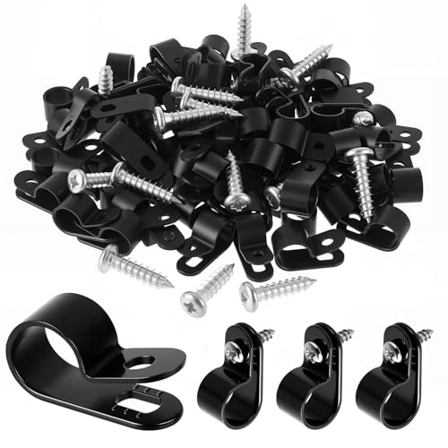 1/2inch 100 Pcs Rope Light Clips P-Style Cable Clips Mounting Cable Plastic Clamps Compatible with Stainless Steel Screw for Wire Cord Management Reinforced & Thickened Design (Black)