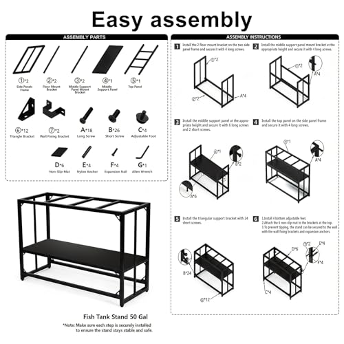 Fish Tank Stand, 50-75 Gallon Heavy Duty Metal Aquarium Stands, Reptile Tank, Turtle Tank, Breeder Tank Stand, 900LBS Capacity Terrarium Stand Rack with 2-Tier Storage Shelves (47.8"x19.7"x31.5") - color: Black, size: (50 Gallon)47.8"x19.7"