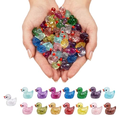 100 Pcs Glitter Mini Resin Ducks, Sparkling Tiny Figurines, Small Plastic Animals for Miniature Garden, Aquarium, Micro Landscape, DIY Crafts, Potted Plant and Moss Décor - color: Glittery