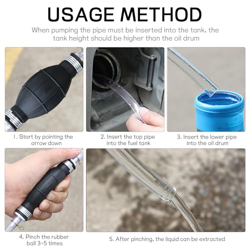 Gasoline Siphon Hose, Portable Hand Fuel Transfer Pump for Gas Oil Water, Manual Gas Siphon Pump with 2 Durable PVC Hoses, Pinch Clip, Hose Retainer, Brass Extender