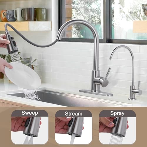 Kitchen Faucet and Water Filter Faucet Combo, WOWOW Stainless Steel Kitchen Sink Faucet with Drinking Water Faucet for Reverse Osmosis or Water Filtration System, Brushed Nickel - color: A: Brushed Nickel, style: Kitchen Faucet & Filter Faucet