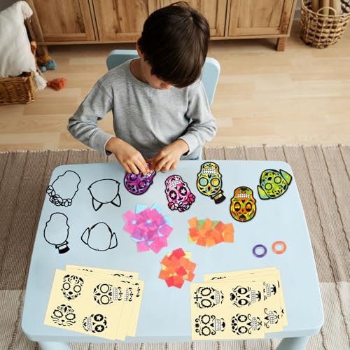 Renbuzhu 36PCS Dia De Los Muertos Crafts Bulk: Sugar Skull Paper Suncatchers DIY Kit for Day of The Dead Halloween Party Activities Decorations, Window Stained Glass Effect Art Supplies - style: dia de los muertos