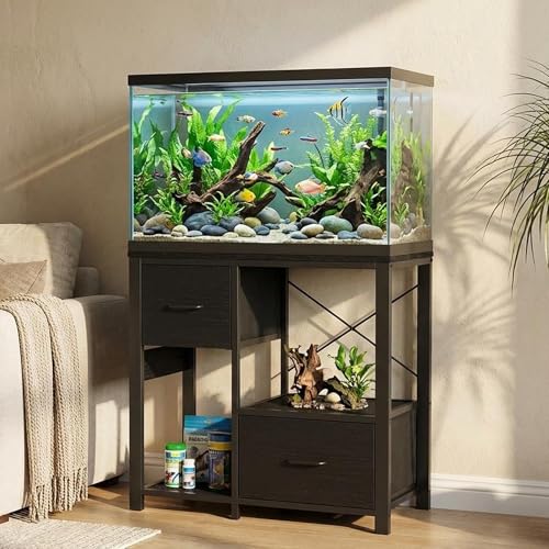 20-29 Gallon Fish Tank Stand with Power Outlets, Heavy Duty Metal and Wood Aquarium Stand with 2 Drawer and Sturdy Legs - color: Black, size: 31.5