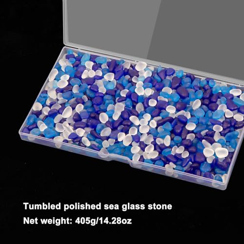 QEQEKAKA Sea Glass Stones for Crafts About 1LB (405g/14.28oz) Glass Pebbles Gemstones Bulk for Beaching Wedding DIY Decoration Aquarium Turtle Tank Vase Filler - color: White & Dark/Light Blue, size: 1LB (405g/14.28oz)