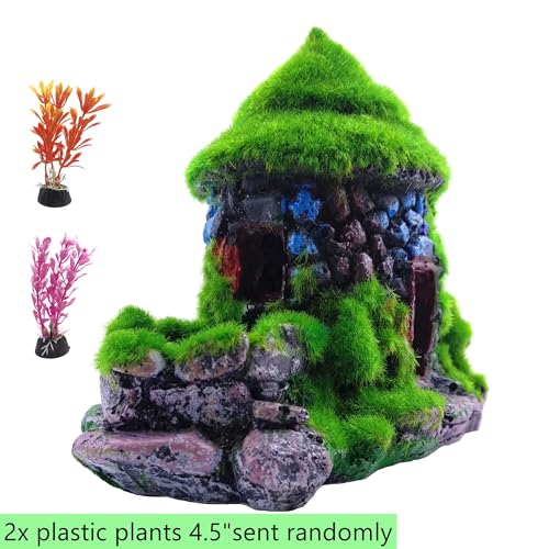 M2cbridge Aquarium Decorations Fish Hideout House Betta Cave with Green Lifelike Moss (Style 1) - style: Style 1