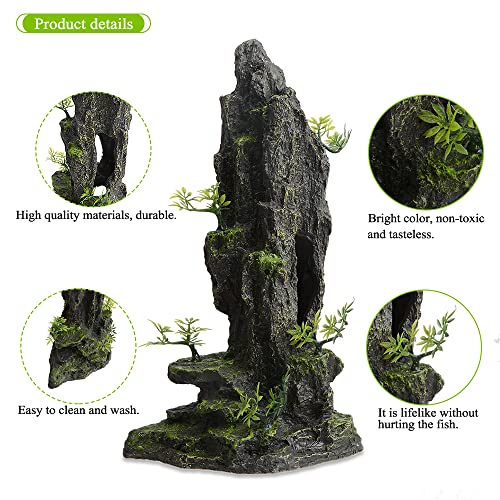 14.4" Tall Aquarium Cave Decor, Large Resin Mountain Hideout with Artificial Plants, Rock Shelter for Betta & Cichlid, Landscape Ornament for 20-40 Gallon Freshwater & Saltwater Tank