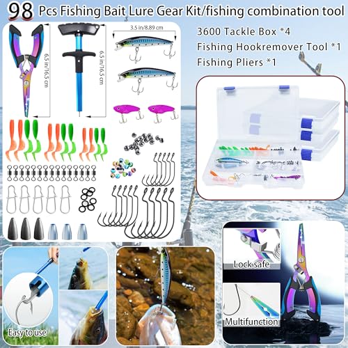 Fishing Backpack with Rod Holder, Large 50L Tackle Bag Water Resistant Tackle Backpack Heavy Duty Fishing Bag Gift for Men Woman - color: Camo Gray with 4 Tackle Boxes and 98 Fishing Tools