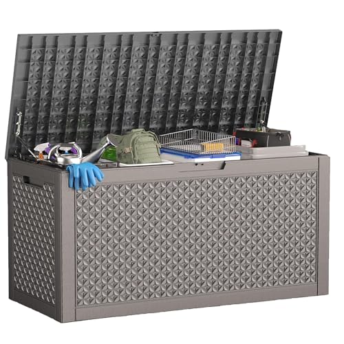 ROJIK Outdoor Storage Housing Deck Box - Waterproof Patio Furniture, Garden Tools, Cushions, Pool Accessories Storage Bench with Lockable Lid and Side Handles (Grey,125 Gal) - color: Grey, size: 125 Gallon