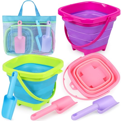 Collapsible Beach Buckets for Kids, Foldable Sand Buckets and Shovels with Mesh Bag, Silicone Sand Pails Travel Beach Toys for Toddlers Easter Egg Hunt, Camping and Fishing Water Pail - style: 3 Buckets