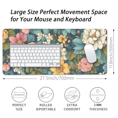 Colorful Flowers Desk Pad Mouse Pad,Large Floral Mouse Mat with Stitched Edges,Non-Slip Rubber Base Mousepad for Office PC Keyboard Laptop and Home Work Desk Mat(27.5X11.8 in) - color: Colorful Flowers