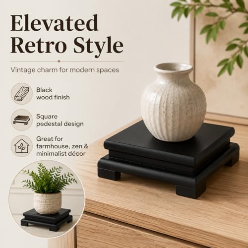 DECHOUS Square Wooden Display Stand Black - Wood Vase Pedestal Stand Display Base for Small Plant Pot, Buddha Statue, Fish Tank, Home Office Farmhouse Decoration, 6x2 Inch