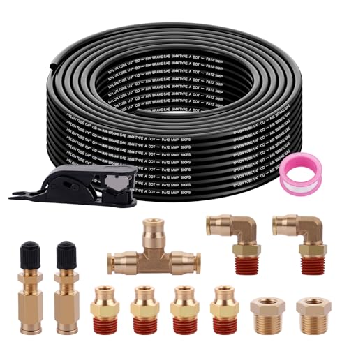 50FT 1/4 Air Hose Brass Fittings Kit 11pcs 1/4" OD Quick Push to Connect DOT Brass Fittings 1/4 SAE J844 PA12 Nylon Air Line Tubing with Cutter for Air Suspension Kit Truck Trailer Brake System - size: 1/4“OD 50FT KIT