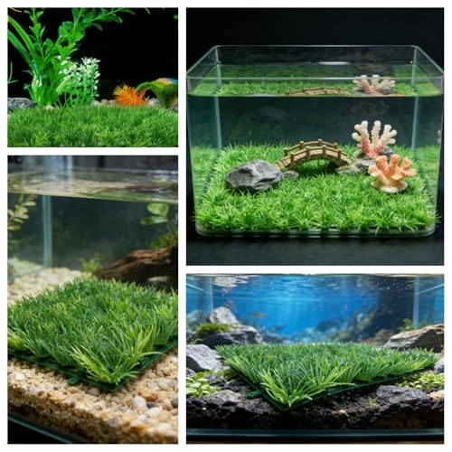 Aquarium Decor Artificial Plastic Lawn Grass,4PCS 9 inches Fish Tank Decorations, Easy Install Green Plants for Aquariums and Hermit Crab Climbing Habitats with 16 Suction Cups