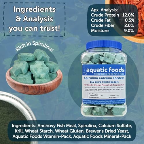 Spirulina Enriched Calcium Feeders for Shrimp, Snails, Crabs, Crayfish, Pleco, Catfish, All Tropical Fish…35 Count Sm Jar