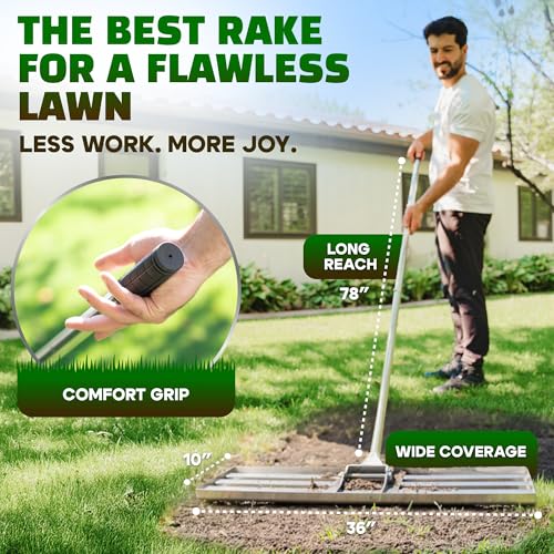 Oris Garden® Lawn Leveling Rake 36 inch - Ground Leveler for yard, sand, soil, grass - Dirt leveling tool, heavy duty stainless steel rakes for golf, grading, gravel, pool seeding, levelling (36 inch) - style: 36" Leveling Rake