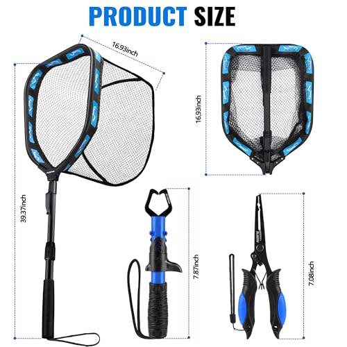PLUSINNO Floating Fishing Net for Steelhead, Salmon, Fly, Kayak, Catfish, Bass, Trout Fishing, Rubber Coated Foldable Landing Net with Fixed or Telescoping Pole Handle, Fishing Gear and Gifts for Men - color: 11.8"/30cm Hoop Size 1.0M Blue (Telescopic Pol