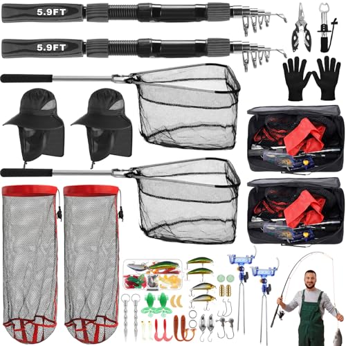 Father's Day Telescopic Fishing Rod Kit, 6.89ft/5.91ft 2 Pcs Collapsible Rod for Him with Landing Net, Tackle Bag, Gloves, Lures, Pliers, Gift for Dad for Saltwater Freshwater Fishing - size: 5.91 FT