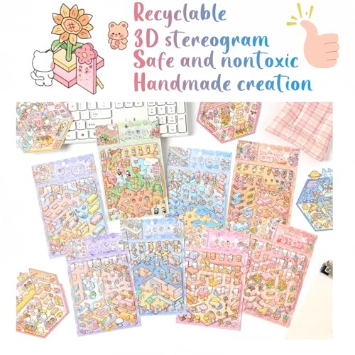 8 Sets Cute DIY 3D House Stickers with Tweezers,Fun 3D Sticker Scene Make Your Own Mini Cartoon Zoo Aquarium Library Coffee House Stickers for Gifts Therapy for Adult Relief Stress Pass The Time