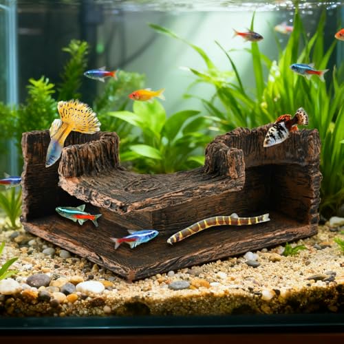 Aquarium Cave Underground Resin Stump Dual Hole Hideout Fish Tank Cave View Fish & Shrimp in Natural Corner Tunnel (Size:5.1×5.1×2.8")