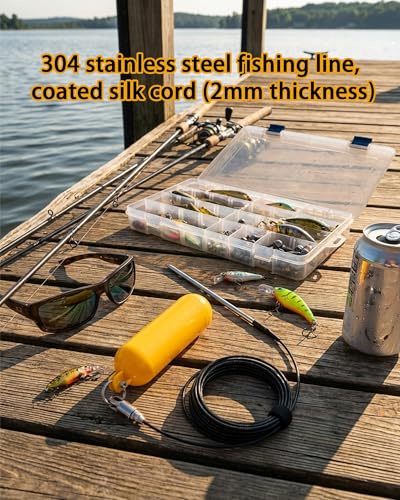 Steel Wire Fish Stringer Fish Holder for Caught Catch with High-Visibility PVC Float Wear Rope for Spearfishing & Angling Ground Plug & Stringer Set (19.7 Feet)