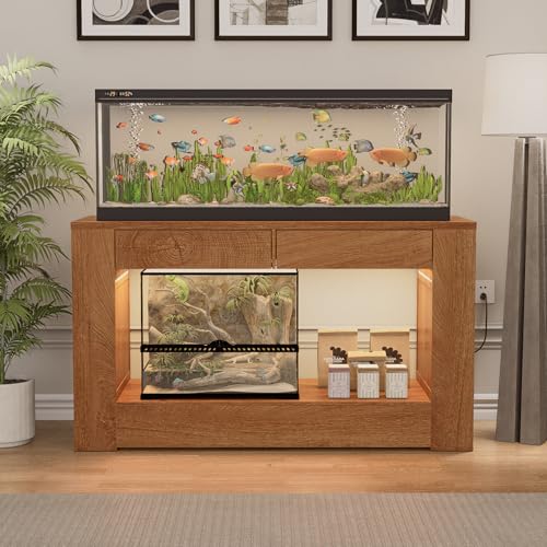 48" Aquarium Stand for 55–75/90 Gallon Tank,Heavy Duty Fish Tank Stand up to 1000 LBS,Aquarium Stand with Power Outlet & LED Light,2-Tier Turtle Reptile Tank Stand with Storage,Natural - color: Natural, size: For 55-75-90 gallon