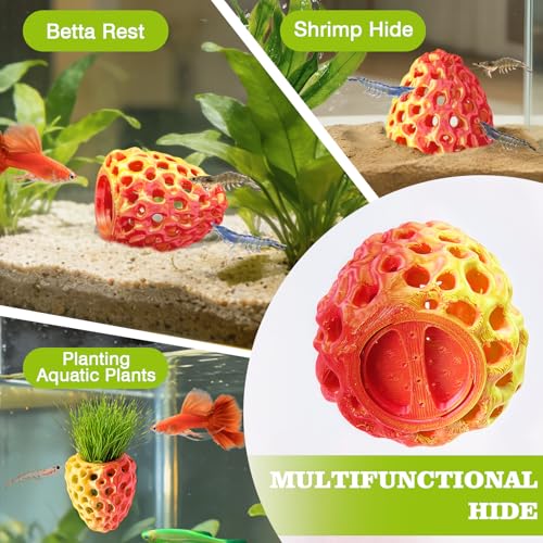 Shrimp Dome Hide, Shrimp Hides for Aquarium, Betta Fish Hideout with Suction Cup, Betta Habitat Tank Ornament Accessories, Aquarium Decor for Small Fish Guppy Hiding Resting (Lid Gold Red) - color: Gold Red Gradient with Lid