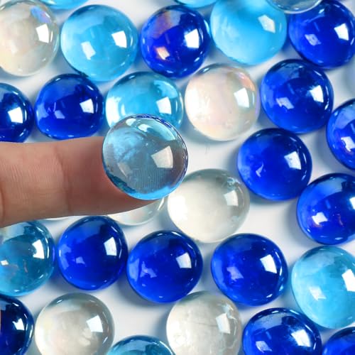 0.5LB Flat Glass Marbles for Vase, Mixed Blue Color Glass Pebbles. Glass Rocks for Vase Fillers Fish Tank Crafts Plant Pot Candle Bird Fountains and Wedding Decor - color: Mixed Blue+clear, size: 0.5LB