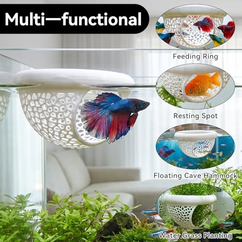 Floating Betta Shrimp Cave, Multi-Functional Aquarium Hammock for Hiding Feeding, Floating Betta Fish Skins with Feeding Ring, Tank Resting Spot for Small Fish Betta Shrimp (White, Large) - color: White, size: Large