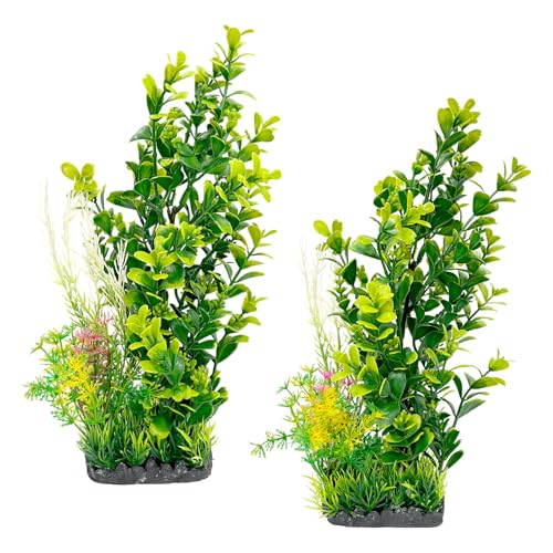 Aquarium Plants 2-Pack, 11.8in Artificial Plastic Fish Tank Decor, Moderate Size Aquarium Decorations, Safe Green Fish Tank Plants for Freshwater Tanks (Light Green & Gold Mix) - color: Light Green & Gold Mix
