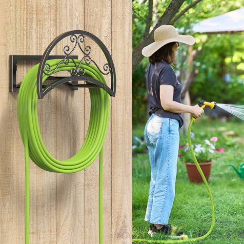 OLV Garden Hose Holder, Heavy Duty Water Hose Holder Wall Mount Holds 125-ft Water Pipe, Decorative Detachable Metal Hose Hanger Storage Organizer Reel Rack for Outside Lawn Yard Farm, Black