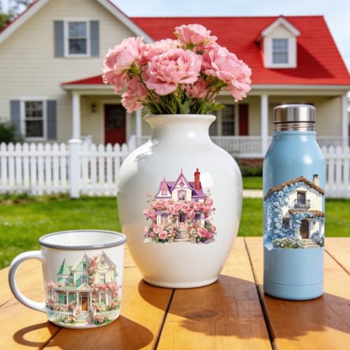 Peacoblue 18 Sheets Rub on Transfers for Crafts, Beautiful House with Flowers 3.6"x3.9" UV DTF Cup Wraps Waterproof Cold Transfers Stickers for Wood Glass Metal Cup Tumblers Mirrors Mugs Home Decor - style: Beautiful House with Flowers