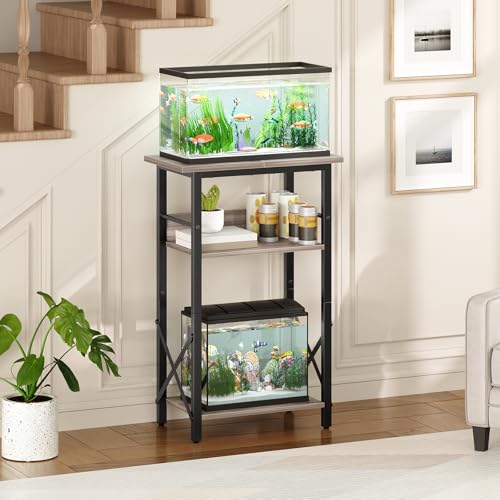 HOOBRO 10 Gallon Aquarium Stand, 3-Tier Fish Tank Stand with Storage, Reptile Turtle Tank Stand with Metal Frame, 20.5" L x 11" W , Greige BG52FT01 - color: Greige + Black