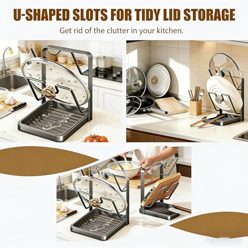 Kitchen Pot Lid Storage Rack, Pot Lid Holder & Organizer for Countertop with Removable Tray, Space Saving pot lid stand (Grey, Double-Layer) - color: Grey, size: Double-Layer